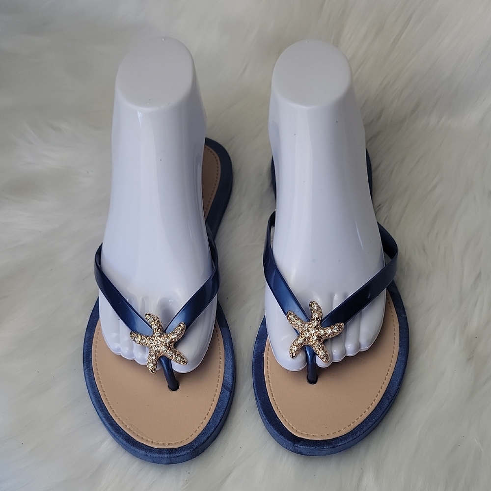 ASHLEY‎ BLUE Blue Tan Gold Rhinestone Starfish Summer Beachy Rubber Thong Sandal